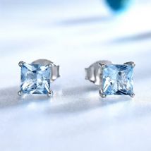 UMCHO Real 925 Sterling Silver Stud Earrings for Women Princess-cut Sky Blue Topaz Earrings Fine Jewelry Blue Gemstone Gift New