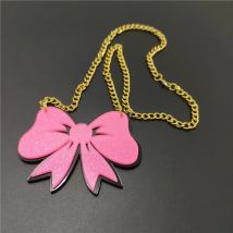 KUGUYS Glitter Pink Bow Pendant Necklace for Women Acrylic Gold Colour Chain Cute Fashion Jewelry Summer Accessories