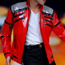Dance King Michael Jackson Beat It Light Red Leather Jacket in Punk Zippers Impersonator