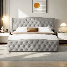 Rosahqnda Letto imbottito con ampio spazio di archiviazione Letto matrimoniale idraulico 140-160*200 cm flanella Grigio/Beige