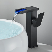 LED Bathroom Sink Faucet Brass Waterfall Faucet BlackBathroom Hot/Cold Mixer Crane Deck Mounted Wash Sink Taps Single Handle Tap