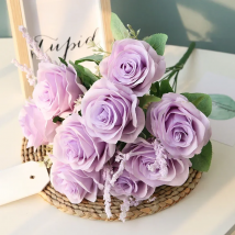 Artificial Purple Silk Rose Wedding Party Bouquet Home Garden Living Room Desktop Decoration Simulation Rose Flower Arrangement