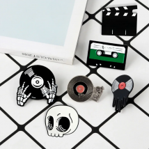 Punk Music Lovers Pin Skeleton DJing Vinyl Record Player Enamel Pin Badge Tape Lapel Pins Brooches Shirt Bag Cool Gothic Jewelry
