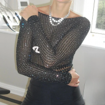 Dourbesty Goth Black Bodysuits Tops Sexy Mesh Rhinestone Women Long Sleeve See Through Leotard Tops Backless Baddie Outfits