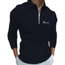 Gestreiftes, lässiges Herren-Poloshirt mit langen Ärmeln, Outdoor, lässig, täglich, Streetwear, Herbst und Winter, Poloshirt mit Reißverschluss, mikroelastisches Polyester