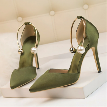 2025 New Elegant Pearl Metal Buckle High Heels Women Sandals Korean Fashion Soft Silk Pointed Ladies Shoes Party Sandals Shallow