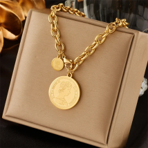 DIEYURO 316L Stainless Steel Gold Color Hip Hop Round Portrait Coin Necklace For Women Men Fashion Trend Girl Jewelry Gift Joyas
