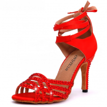 WUXIJIAO Ladies Latin dance shoes with Red satin rhinestone style high heels salsa dancing shoes heel 10cm
