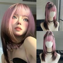 Lange geschichtete Ombre rosa braun synthetische Frauen Perücke lange gerade Cosplay tägliche Frau koreanische natürliche Kunst haar Perücken mit Pony