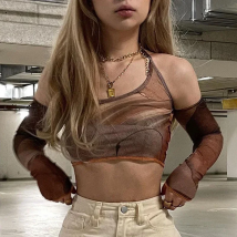 Y2k Gothic Print Brown Corset Tops Vintage Crop Top T Shirt Harajuku Grunge With Glove Fashion T-Shirt Women Summer Tshirt Camis