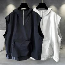 Men Summer Vest Hooded Zipper Half Placket Sleeveless Hip Hop Style Vest Jacket Solid Color Quick-Drying Large Pockets Waistcoat