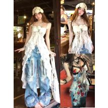 Summer Sleeveless T-shirts 2000s Retro Clothing Harajuku Korean Tees Design Y2k Crop Top American Vintage Lace Strap Vest Women