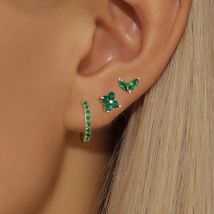 3PCS Stainless Steel Minimalist Huggie Hoop Earrings Set For Women 10MM Green Zircon Flower Stud Hypoallergenic Fashion Jewelry