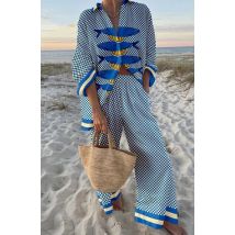 Women's Summer Fashion Printed Seaside Beach Vacation Style Two-piece Set Women's Long-sleeved Shirt Top + Wide-leg Women's Suit