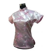 Stylish Pink Traditional Chinese Silk Satin Blouse Women Summer Vintage Shirt Tops New Flower Clothing S M L XL XXL WS012