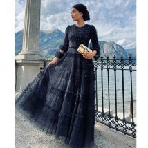 LORIE Elegant Black Cap Sleeves Prom Dresses Tulle Beaded 3/4 Sleeves Formal Evening Gown Party Dress Robes De Soirée Customized