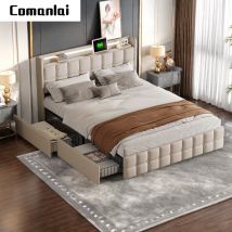 Giroletto imbottito Coman Linen con testata di ricarica USB e illuminazione a LED e letto matrimoniale 4 cassetti 140/160x200 cm senza materasso