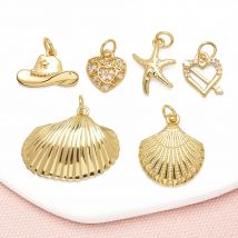 OCESRIO White Crystal Heart Charms for Bracelet Copper Gold Plated Cowboy Hat Seastar Shell DIY Jewelry Making Supplies chma386
