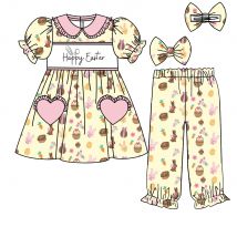 Happy Easter Short-sleeved and long-legged bunny and egg print boutique children's pajama set for boys and girls.
