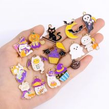 10Pcs Cartoon Enamel Animals Cat Ghost Charms Halloween Pendant Fit Necklaces Earrings Handmade Jewelry Finding Supplies