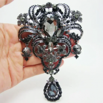Huge 5.04" Vintage Style Flower Drop Pendant Brooch Pin Black Rhinestone Crystal