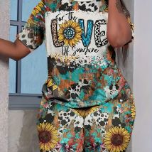 Plus Size New Vintage Blumen druck Damen zweiteiliges Set, lässige Outfits Set, Kurzarm Top Under lay Shorts Anzug