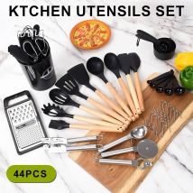 44Pcs Silicone Utensils Set Kitchen Accessories Black Non-Stick Cookware Wooden Handle Spatula Shovel Egg Beaters Kitchenware