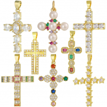 Juya DIY Religious Catholic Jewelry Supplies Handmade 18K Real Gold Plated Cubic Zirconia Decorative Christian Cross Charms