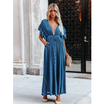 Sexy Deep V-neck Butterfly Sleeve Self Belted High Waist Button Front Open Summer Beach Dress WhiteTunic Women Beachwear Q1208