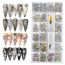 2500pcs Luxury Shiny Diamond Nail Art Rhinestones,Box Mixed AB Glass Nail Crystal Gem, 21 Grids+1pcs Pick Up Pen Kit Nail Decor