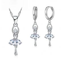 Solid S925 Sterling Silver Jewelry Gift Sets Cute Ballet Dancer Design Necklace Hoop Loop Earrings for Women Party