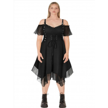 ROSEGAL Gothic Plus Size Cold Shoulder Lace Up Grommet Handkerchief Chiffon Asymmetric Dress 2026 Black High Waist  A-Line Dress