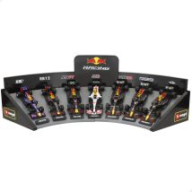 Burago - Set 7 coches F1 Red Bull Racing, escala 1:43, con expositor de plástico, réplicas metálicas die-cast, con acabados fieles, ruedas funcionales, producto licencia oficial, ideal para niños y