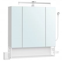 VASAGLE Armario de Baño con Espejo 3 Puertas, Mueble de Pared con Espejo, Enchufe, Cesta Colgante, Soporte para Secador de Pelo, para Baño, Lavabo, Blanco Nube