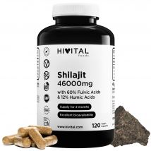 Shilajit puro 46000 mg. 120 cápsulas veganas para 2 meses de tratamiento. 60% Ácido Fúlvico y 12% Ácidos Húmicos. Rico en minerales y oligolementos. Fabricado en España por HIVITAL