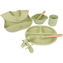 Vajilla Orgánica de Silicona para Bebé Althea Living - 8 piezas: Plato Harvard y Bol con Ventosa, Vaso de Aprendizaje, Cubiertos con Mango de Bambú, Babero