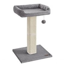 FEANDREA Tiragraffi per gatti, Tiragraffi con piattaforma in tessuto felpato 40 x 30 cm, Albero per gatti, Altezza 68 cm, Palo in Sisal, con Pom Pom, Grigio chiaro/Grigio scuro/Beige