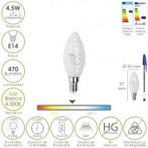 Bombilla led filamento vela esmerilada e14. 4,5 vatios. equivalente a 35 vatios. 470 lúmenes. luz neutra 4000º k.