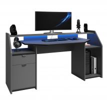 Mesa Escritorio Gaming Grande con Cajón y Armario con puerta Abatible en Color Gris con LED 98x180x67 cm