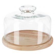Tradineur - Quesera redonda con tapa de cristal y base de madera, recipiente para guardar quesos o embutidos, presentación de alimentos, 24 x 12 cm