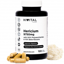 Melena de León 9750 mg. 120 cápsulas veganas para 4 meses. Extracto Natural de Hericium Erinaceus con 50% Polisacáridos y 10% Beta Glucanos. Lions Mane para el sistema digestivo e inmune Hivital