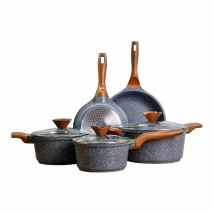 LA MOUSTACHE Batería de Cocina de 8 Piezas de Alumunio Fundido con Antiadherente + Ebook de Recetas - 3 Ollas con Tapas de Cristal y 2 Sartenes - Compatible conTodas las Cocinas, Incluso Inducción