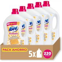 Asevi Detergente Marsella 44 Dosis, Pack Ahorro 5x44 Dosis Total 220 Lavados, Fórmula Concentrada, Para Ropa Blanca y de Color, También Lavado a Mano, Máxima frescura con Olor a Limpio del Jabón de