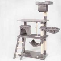 Árbol Rascador para Gatos Casa Basics PILLI, 141 cm con Plataformas, Escalera, Caseta y Juguetes - Beige/Negro/Gris/Burdeos