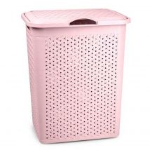 Tradineur - Cesto para ropa sucia con tapa y asas, pongotodo de plástico, cubo para colada, imitación de mimbre, fabricado en España (Rosa palo - 38 litros - 49 x 38,5 x 29,5 cm)