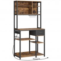 VASAGLE Estantería de Cocina con Multienchufe, Armario de Cocina con Estantes Ajustables, Cajón de Tela, 12 Ganchos, 40 x 80 x 180,4 cm, Estante de Microondas, Marrón Rústico y Negro Tinta/Roble