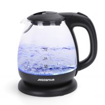 AIGOSTAR Hervidor de Agua Eléctrico - Vidrio de Borosilicato, Iluminación LED, Rápida Ebullición. Protección Contra La Ebullición en Seco. (1L, 2200W)