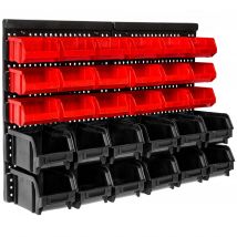 Tectake - Paneles de pared con 30 cajas para tornillería pequeña, 18 cajas apilables medianas (rojas), 12 cajas apilables grandes (negras) , Panel de pared resistente para montar los estantes de