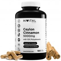 Canela de Ceylán 5000 mg. 180 cápsulas veganas para 6 meses de tratamiento. Extracto Natural de rama de Canela (Cinnamomum Zeylanicum) con 10% Polifenoles. De HIVITAL