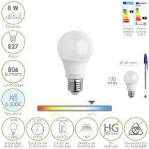 Bombilla led estándar rosca e27. 8 vatios. equivalente a 65 vatios. 806 lúmenes. luz fría (6500º k.)